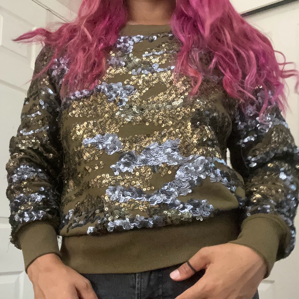 Express Olivia and Gold Sequin Ribbed Crewneck